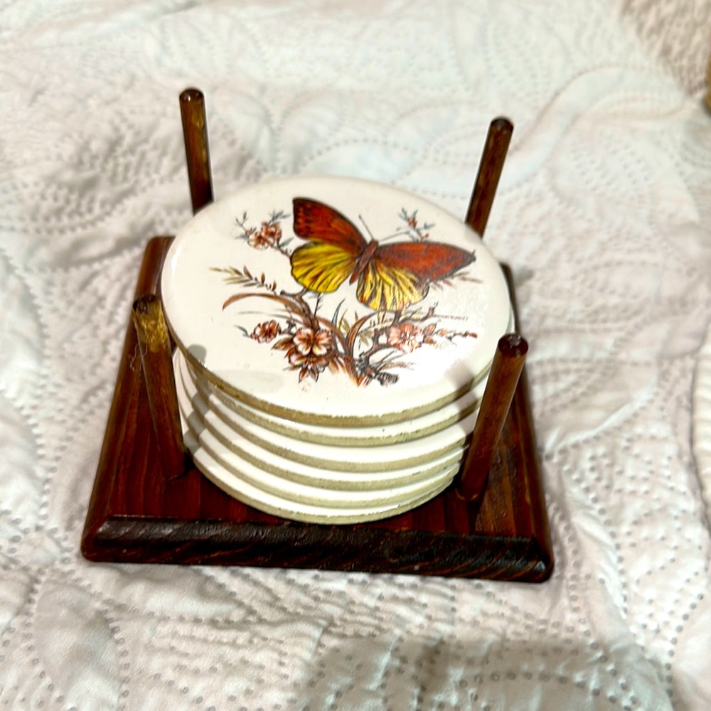 Butterfly Coaster Set with Wooden Holder